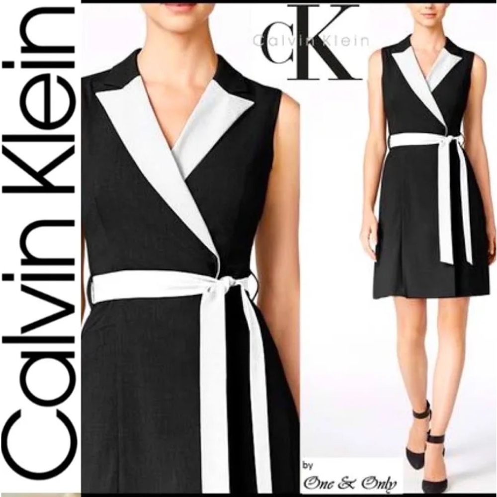 Calvin Klein | black and white wrap dress belt collar | size: 6